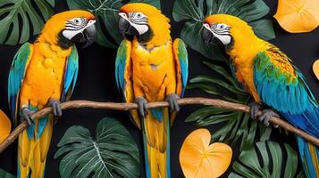 Three Vibrant Yellow Blue Macaws Perched on a Branch Surrounded by Lush Tropical Leaves photo