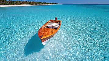 Wooden motorboat floats in tranquil turquoise ocean waters near a pristine beach Idyllic summer vacation scene photo