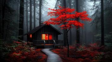 Secluded Cabin in a Misty Forest with Vibrant Red Maple Tree Autumnal Landscape photo