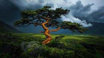 Majestic Twisted Tree in a Verdant Meadow under a Dramatic Stormy Sky Stunning Nature photo