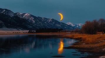Serene Landscape Crescent Moon over Snow capped Mountains and Tranquil Lake at Dusk photo