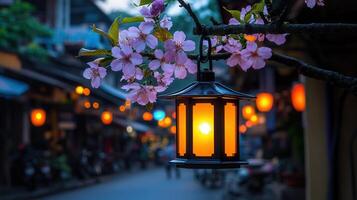 Illuminated Lantern Hanging from Blossoming Branch at Night Asian Street Scene photo
