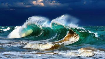 Majestic Ocean Waves Crashing Under a Dramatic Sky Turquoise Green Water Powerful Nature Scene photo