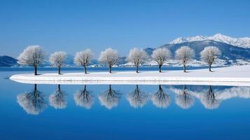 Serene Winter Landscape Snow Covered Trees Reflecting in a Calm Lake with Majestic Mountains in the Background photo