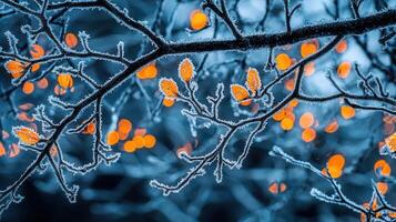 Frosty Winter Branches with Orange Lights Festive Background Winter Wonderland Scene photo
