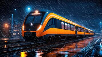 Modern High Speed Train Arriving at Station During a Night Rainstorm photo