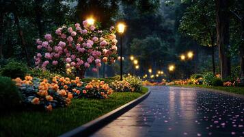Romantic Rain Night in a Beautifully Lit Park Path with Blooming Flowers photo