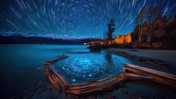 Magical Star Trails Reflecting in Lake Water Near Wooden Log at Night with Mountains photo