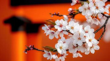Delicate White Cherry Blossoms Blooming in Spring against a Vibrant Orange Background photo