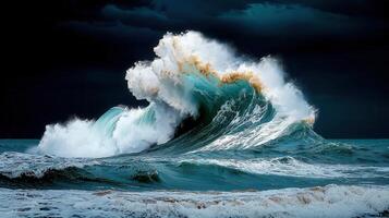 Dramatic Ocean Wave Crashing Under a Dark Sky Powerful Nature Seascape photo