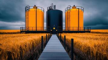 Industrial Storage Tanks in a Golden Wheat Field under a Dramatic Sky A Pathway Leads to the Modern Facility photo