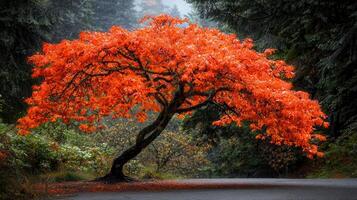 Vibrant Autumn Tree with fiery orange leaves near a road in a lush forest A stunning fall foliage scene photo