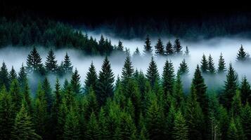 Majestic Evergreen Forest Enveloped in Morning Mist A Serene Landscape Scene photo