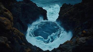 Dramatic Ocean Waves Crashing Through Rocky Cliffs Powerful Nature Scene Coastal Landscape photo