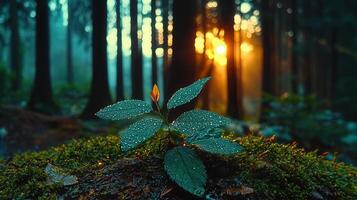Dew kissed Plant Sprouting in a Mystical Forest at Sunrise A Scenic Nature Image photo