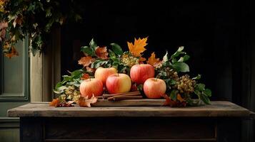 Autumn Still Life Ripe Red Apples Cinnamon Sticks Rustic Wooden Table Fall Harvest photo