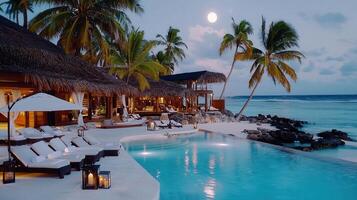 Luxurious beachfront villa with stunning infinity pool under the moonlight Tropical paradise resort vacation photo