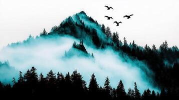 Majestic Mountain Peak Enveloped in Mist with Birds in Flight Tranquil Nature Scene photo