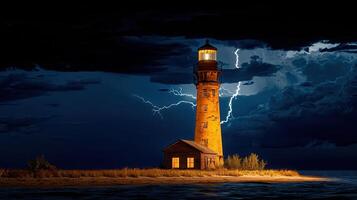 Majestic Lighthouse Illuminated During a Dramatic Nighttime Thunderstorm photo