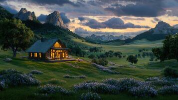 Secluded Mountain Cabin at Dusk Scenic Landscape with Wildflowers photo