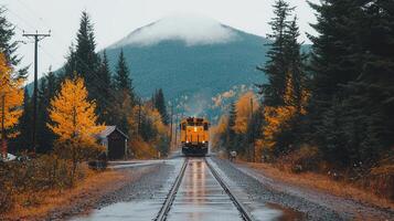 Scenic Autumn Train Journey Through Mountainous Landscape Yellow Locomotive on Tracks Wet Rails and Golden Trees photo