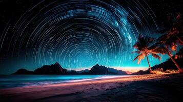 Stunning Night Sky Star Trails over Tropical Beach Scene with Palm Trees and Mountains photo