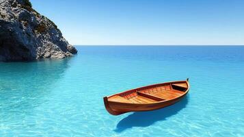Serene Wooden Rowboat Floating in Turquoise Sea near Rocky Coastline A tranquil summer vacation scene photo