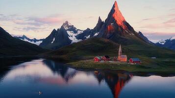 Serene Sunset over Fjord Village with Majestic Mountains and Church Reflection photo