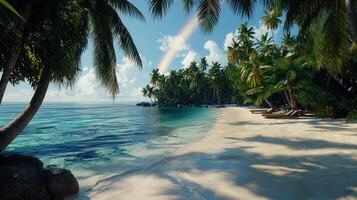 Idyllic Tropical Beach Scene Palm Trees Rainbow and Tranquil Ocean Waters Relaxing Beach Chairs on White Sand photo