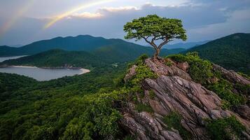 Majestic Tree on Rocky Summit Overlooking Serene Bay and Rainbow Scenic Landscape photo