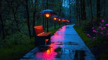 Romantic Rainy Night Park Scene Wooden Bench Under Illuminated Path with Umbrella Lampposts photo