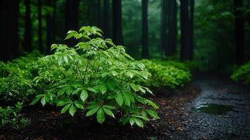 Lush Green Plants in a Rainy Forest Nature Scene Tranquil and Serene Woodland Setting photo