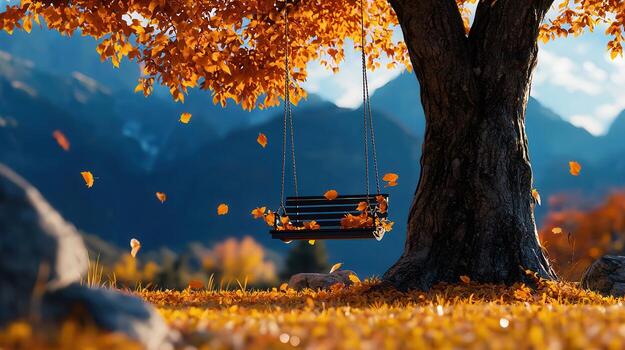 Serene Autumn Scene Swing Hanging from Tree with Falling Leaves and Mountain View photo