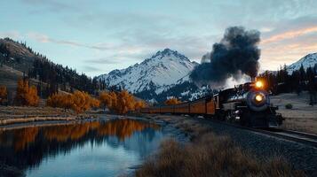 Majestic Steam Train Journey Through Autumnal Mountain Landscape Scenic Railroad Travel in the Mountains photo