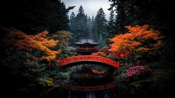 Serene Autumn Scene Japanese Garden Red Bridge Temple Pond Autumnal Foliage photo