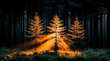 Golden Sunlight Illuminates Three Pine Trees in a Dark Forest at Dawn Magical Forest Scene photo