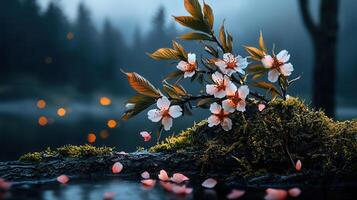Serene Blossom Branch with Delicate Pink Flowers on Mossy Log near Tranquil Lake at Dusk photo