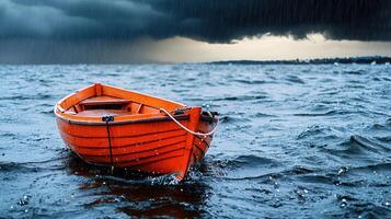 Small orange rowboat floats on a stormy sea under a dark rain cloud A dramatic seascape image photo