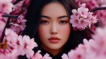 Serene Asian Woman with Dark Hair Amidst Delicate Pink Cherry Blossoms in Springtime photo