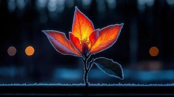 Illuminated Frosty Flower Glowing in the Dark Night Winter Nature Scene photo