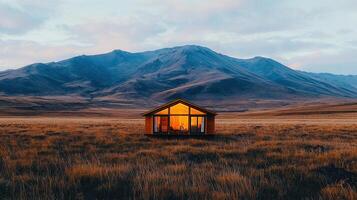 Modern Cabin in Mountain Meadow at Dusk Illuminated Interior Scenic Landscape photo