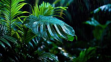Lush Rainforest Leaves in the Rain Drops on Tropical Foliage Green Plants Nature Background photo