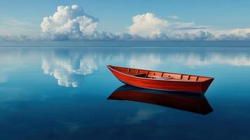 Serene Wooden Rowboat on Calm Ocean Water under a Cloudy Sky Peaceful Tranquil Seascape photo