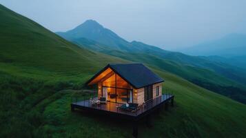 Modern Mountain Cabin Getaway Luxurious Wooden House with Deck Overlooking Scenic Rolling Hills at Dusk photo