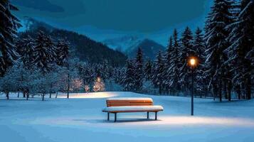 Serene Winter Night Scene Snow Covered Bench in a Snowy Park illuminated by a Lamppost photo