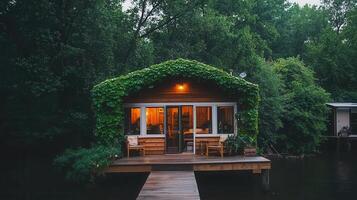 Charming Wooden Cabin Overwater Cottage Nestled in Lush Green Foliage Peaceful Lakeside Retreat photo