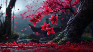 Serene Red Blossoms Falling Gently in a Mystical Forest Landscape A breathtaking view of nature s beauty photo