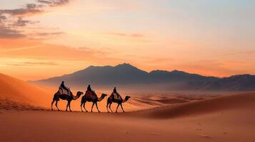 Camel Caravan Crossing Desert Dunes at Sunset Majestic Mountain Landscape photo