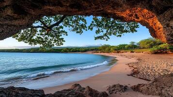 Serene Beach Cove Viewed from Rocky Overhang Tranquil Ocean Scene Peaceful Tropical Paradise Idyllic Coastal Landscape photo
