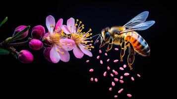 Honeybee in Flight Pollinating Delicate Pink Blossom Flower Close Up Macro Shot photo
